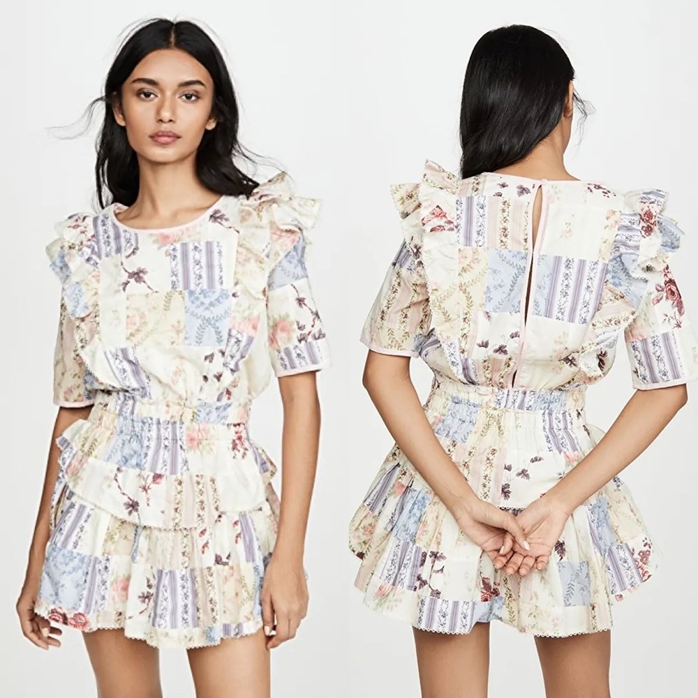 LoveShackFancy Cream Floral Patchwork Ruffle Mini Dress